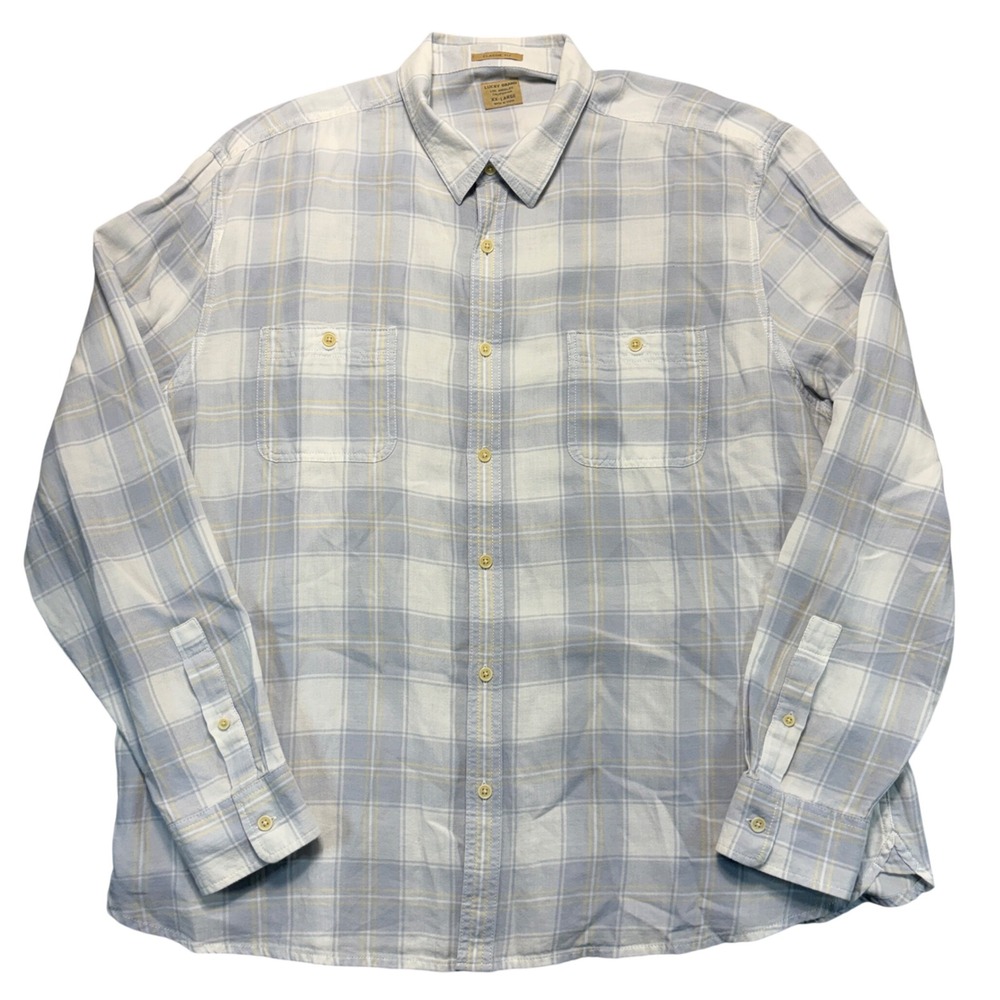 Lucky Brand Mens 2XL Classic Fit Plaid Button Down Shirt Blue Yellow Long Sleeve
